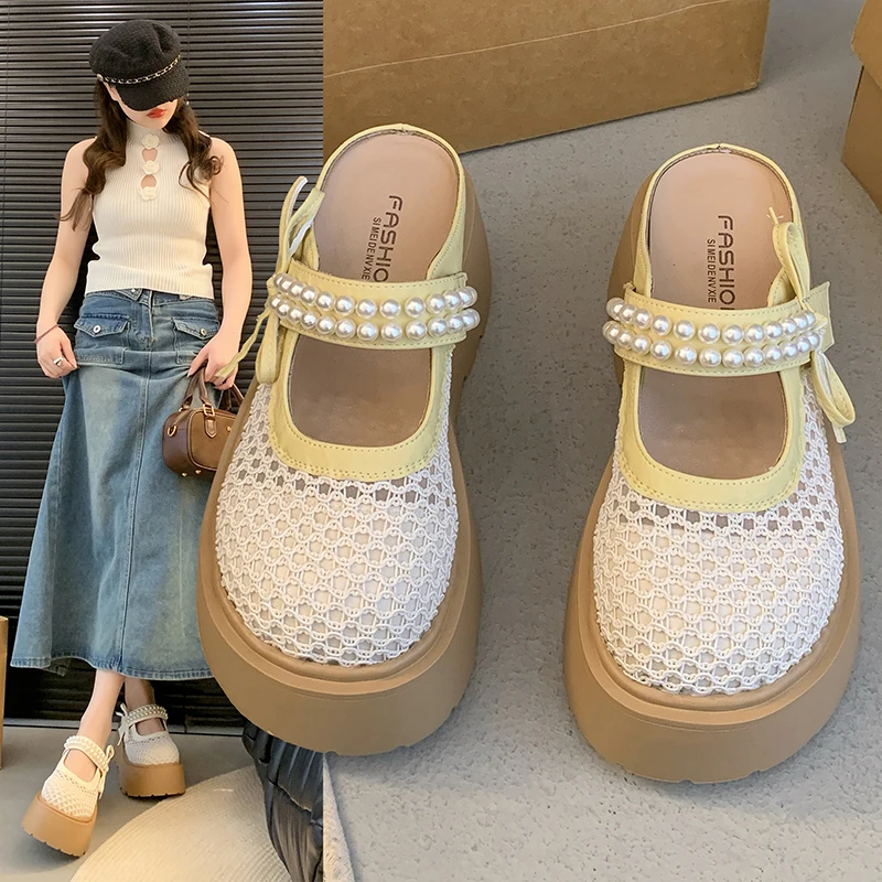 小香风厚底玛丽珍鞋女2025新款夏季外穿ins时尚网面透气包头拖鞋