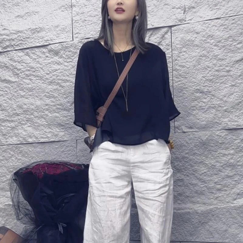 韩系潮流夏季时尚2025年宽松舒适显气质日常休闲百搭黑色女装上衣