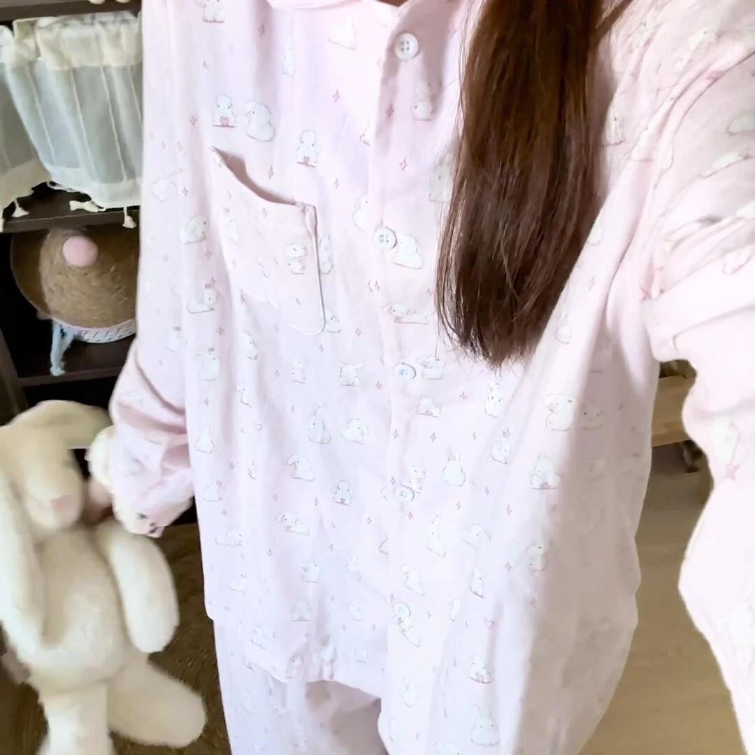 侘町2025新款新粉粉兔纯棉睡衣女春秋季可爱居家长袖可外穿家居服
