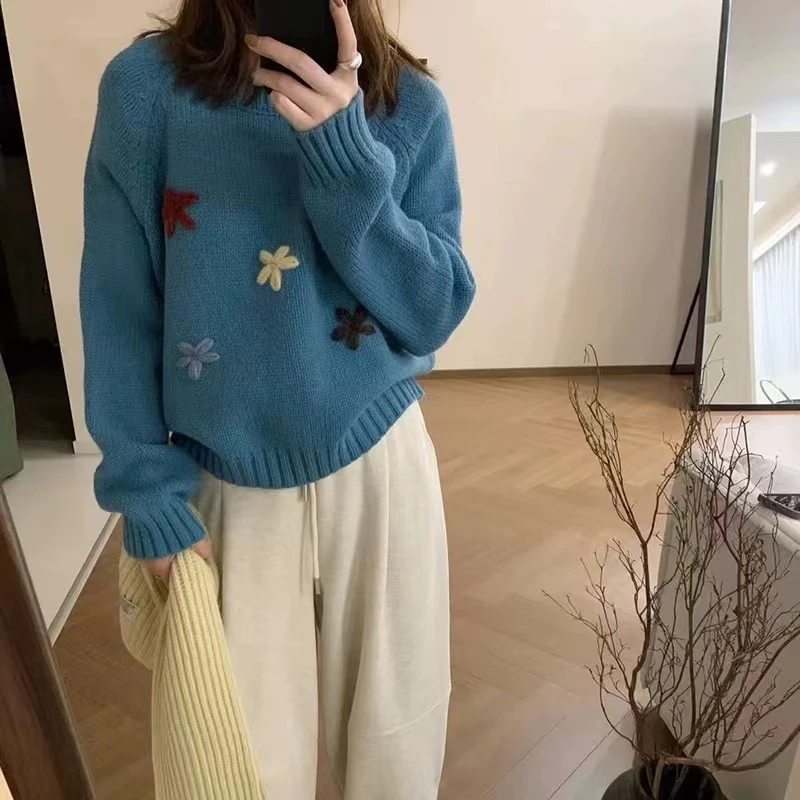 立体花朵刺绣毛衣女秋冬新款韩版减龄软糯舒适宽松显瘦百搭上衣