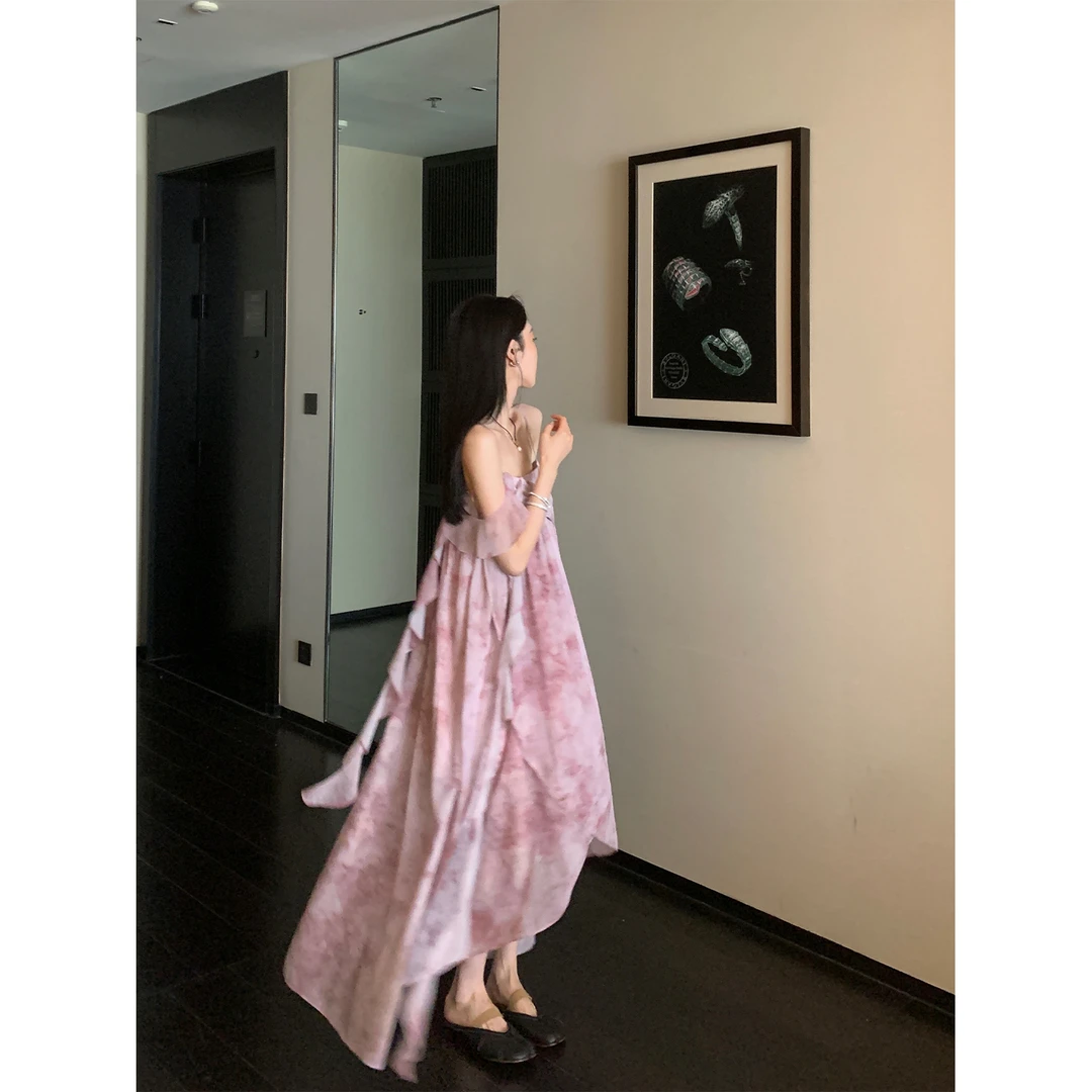 区区欧阳印花雪纺吊带连衣裙女夏季长款A字长裙度假海边飘带裙子