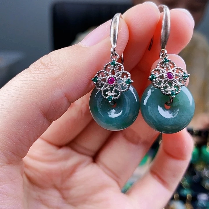 翡翠耳饰银S925镶嵌饰品