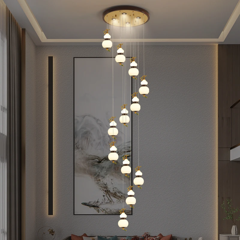 新中式实木加铜玉石楼梯间吊灯木艺铜灯别墅旋转楼梯中国风吊顶灯