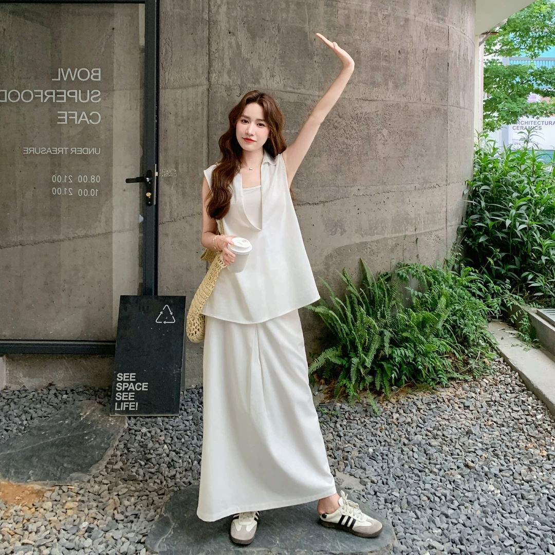 韩系减龄气质套装女夏季新款高级感白色显瘦背心吊带半身裙三件套