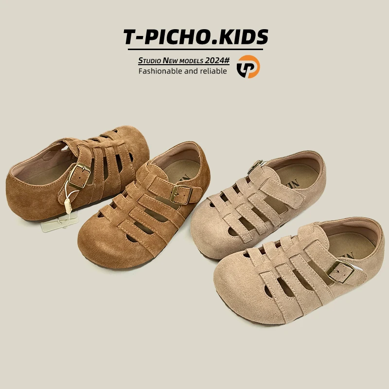 2025春季新款女童复古百搭镂空编织罗马鞋小女孩洋气小皮鞋-0107