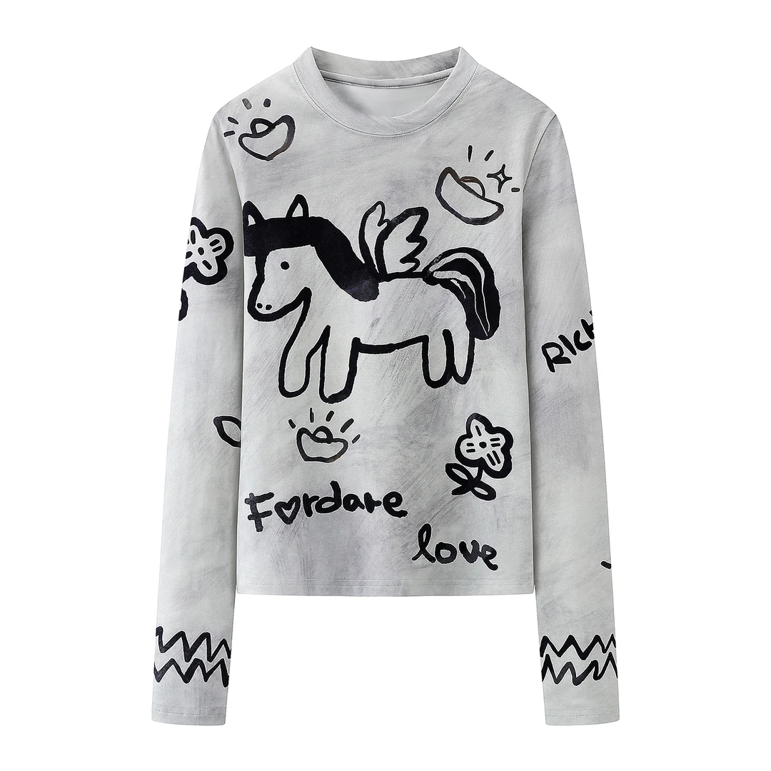 【手绘小马】新款减龄马年印花圆领长袖T恤打底衫内搭上衣女.D23687