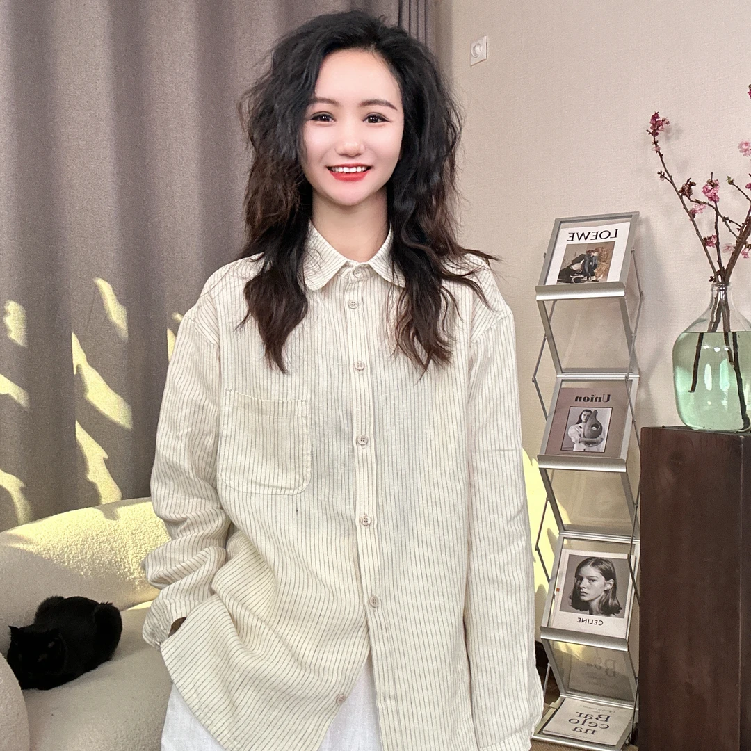 【云素锦】2025早春新品15支100%砂洗汉麻色织条显瘦衬衫#ht25813