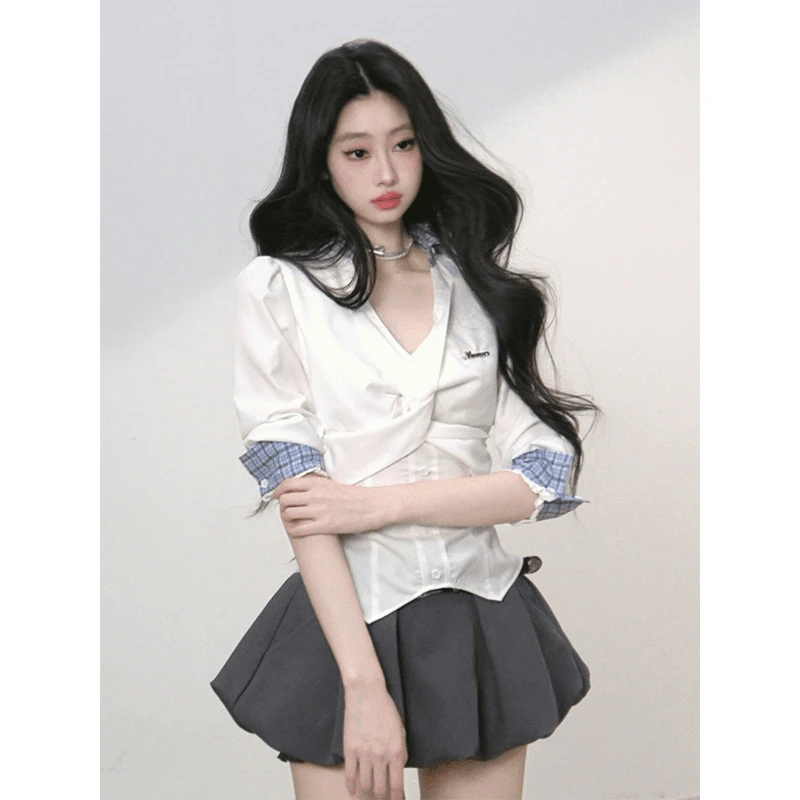 高级感法式衬衫女2025秋季收腰显瘦修身V领职业装通勤上衣