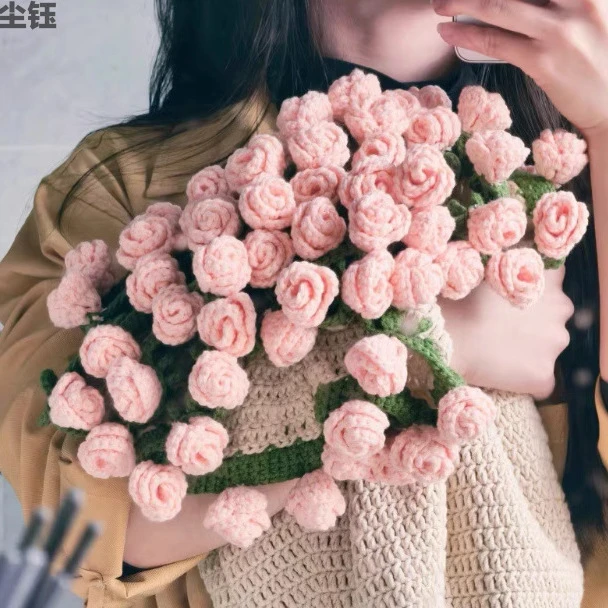 纯手工成品玫瑰花束毯子手工编织花朵毛毯表白送礼物毛毯手工针织