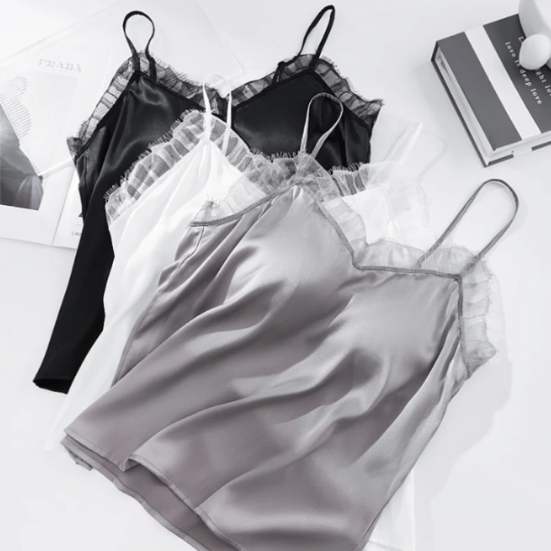 真丝缎面睫毛蕾丝吊带 桑蚕丝带杯垫二合一美背吊带03S311