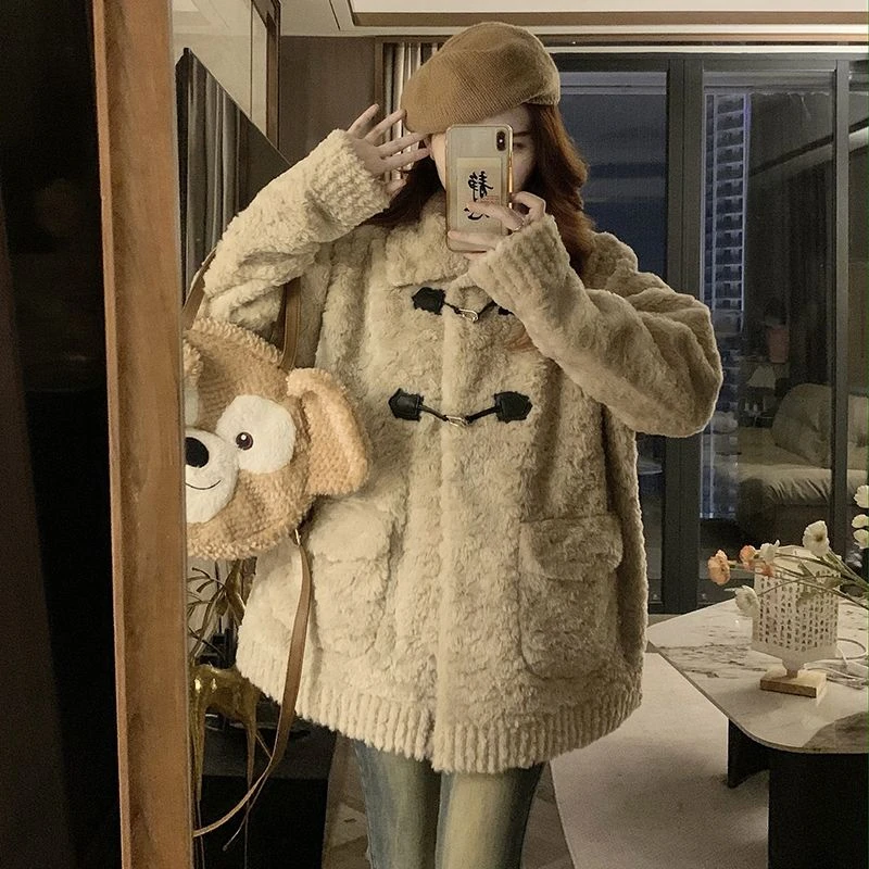 【现货+运费险】加厚保暖仿羊羔毛外套女毛毛上衣韩版宽松显瘦DJ387