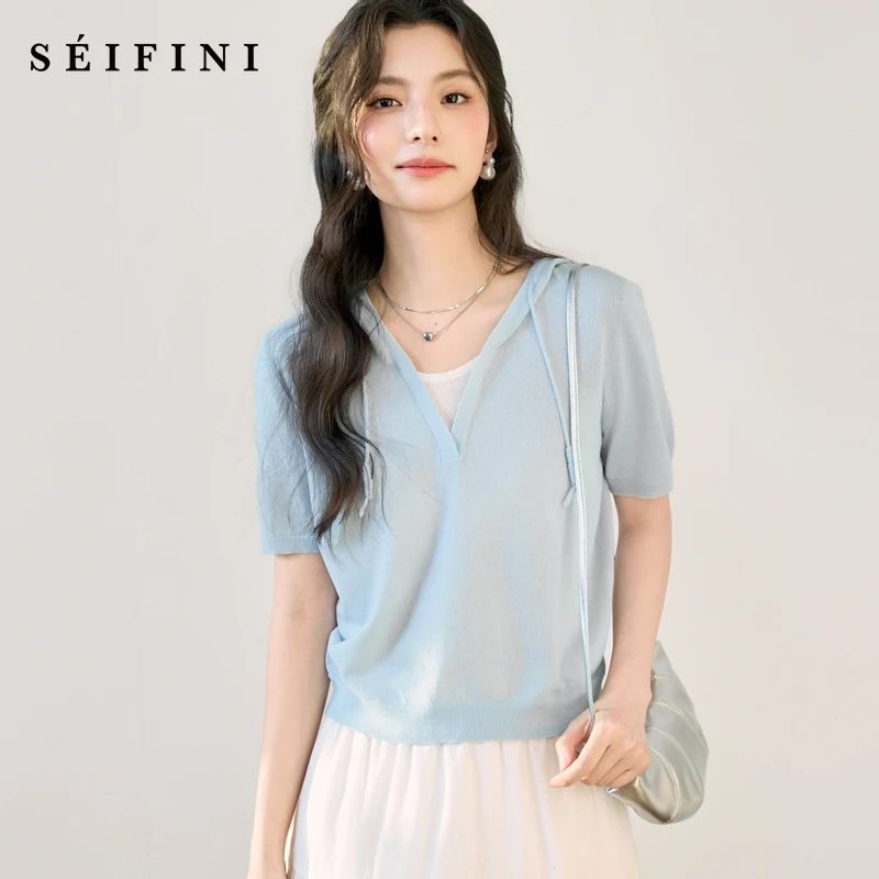 【小蓝帽】诗凡黎慵懒氛围假两件针织短袖25夏新连帽毛衫7G3431321