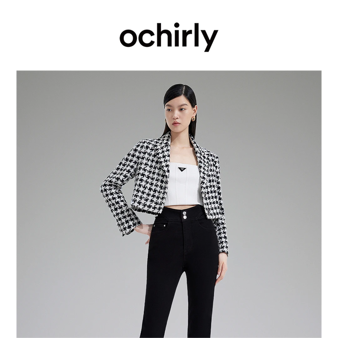 OCHIRLY 黑标系列 欧时力千鸟格小香风西装外套新款