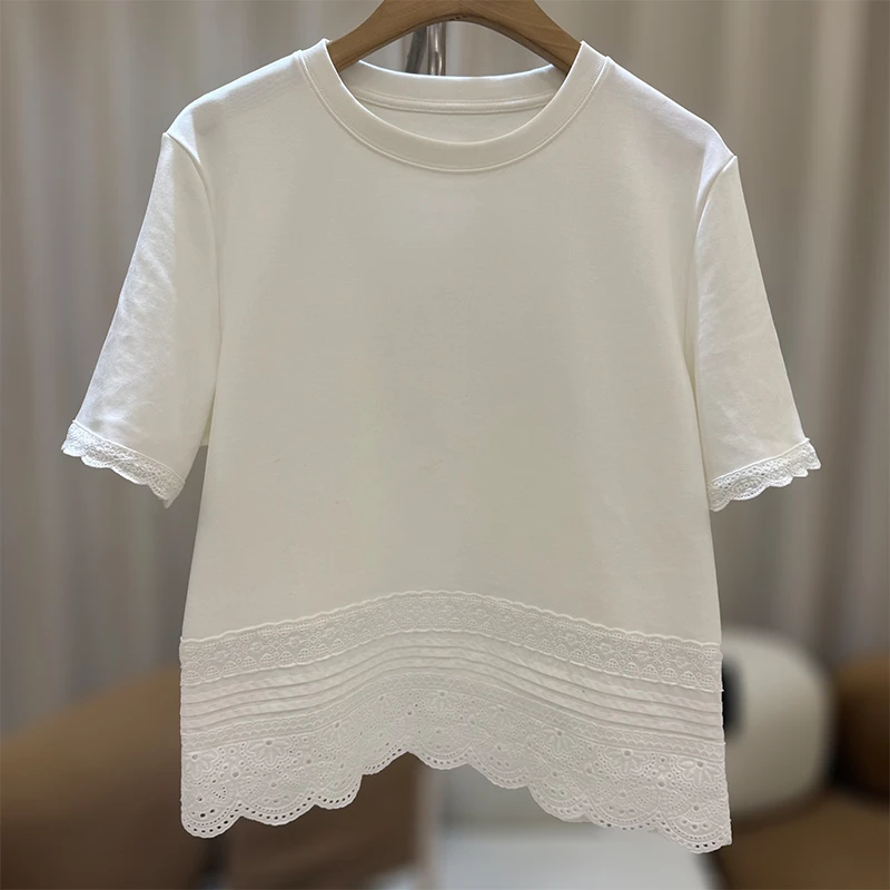 zaw大码女装蕾丝拼接T恤女短袖显瘦遮肚子减龄洋气胖mm上衣/25253