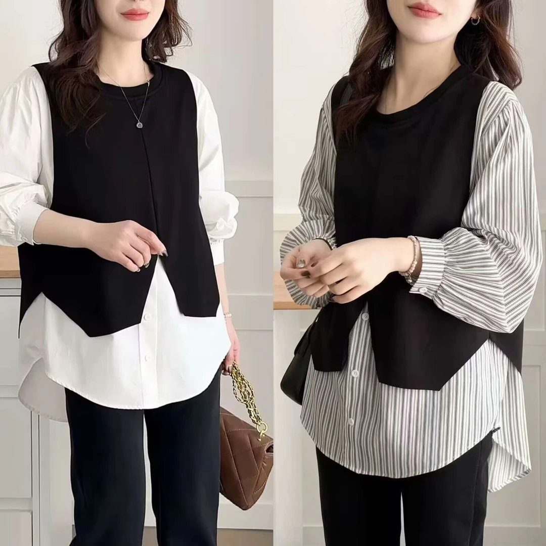 大码女装春装长袖衬衫薄 拼接假两件胖mm不规则套头宽松上衣200斤