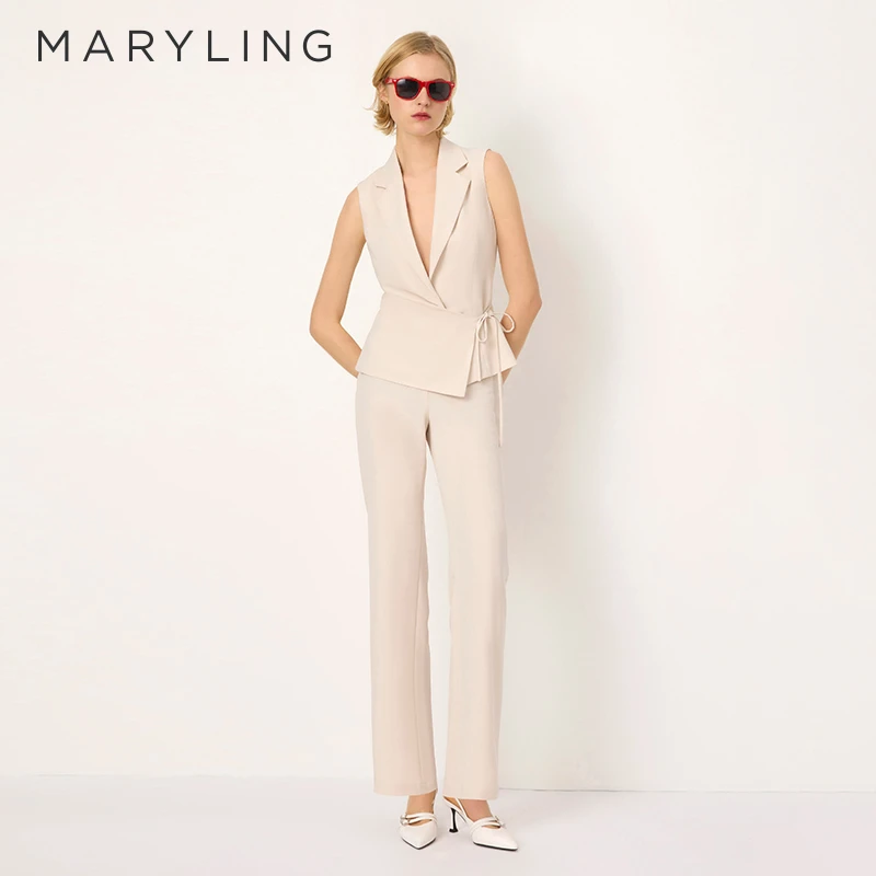 MARYLING玛俪琳春夏新品知性优雅杏色醋酸高腰直筒裤A1FCW51190