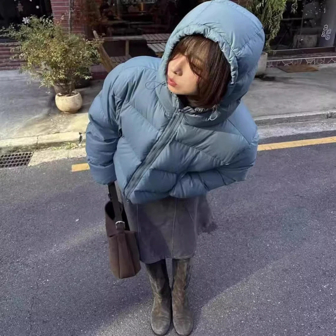 90白鹅绒！韩系氛围感纯色小个子休闲连帽羽绒服短款冬季保暖外套