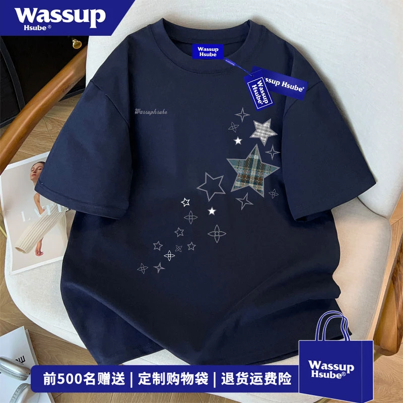 WASSUP HSUBE 美式格纹五角星印花纯棉上衣夏季休闲百搭纯棉短袖
