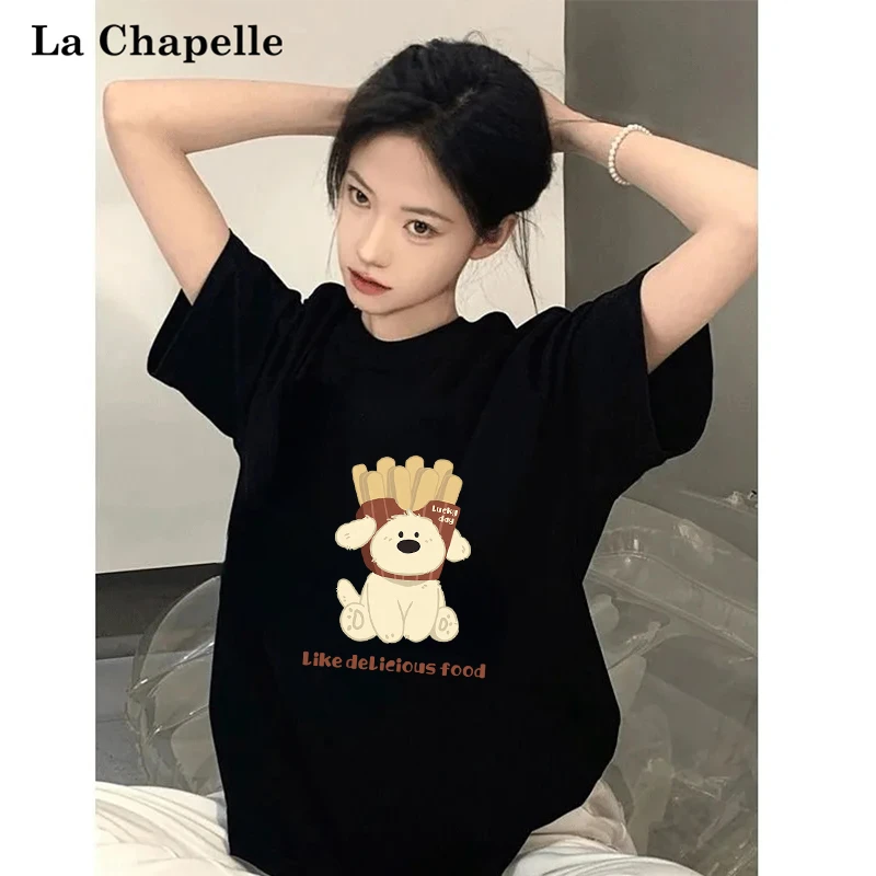 拉夏贝尔美式黑色短袖t恤女2025新款夏季纯棉宽松小个子正肩上衣X