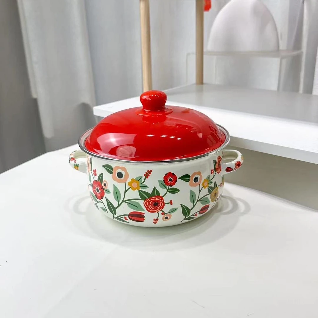 16cm珐琅搪瓷双耳奶锅，红盖