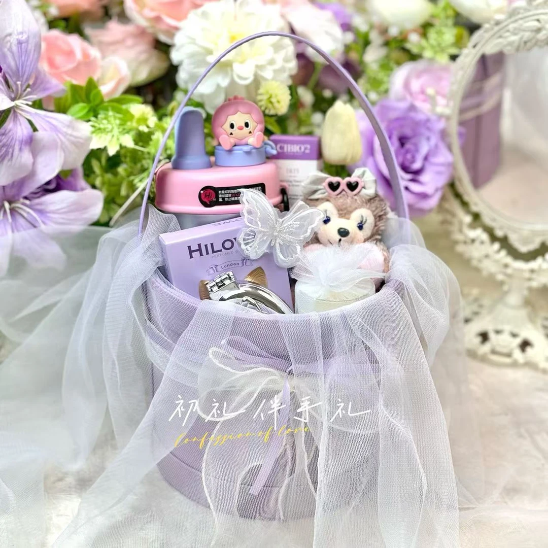 浪漫紫色系全皮质手提抱抱桶伴娘伴手礼新婚结婚生日送闺蜜朋友