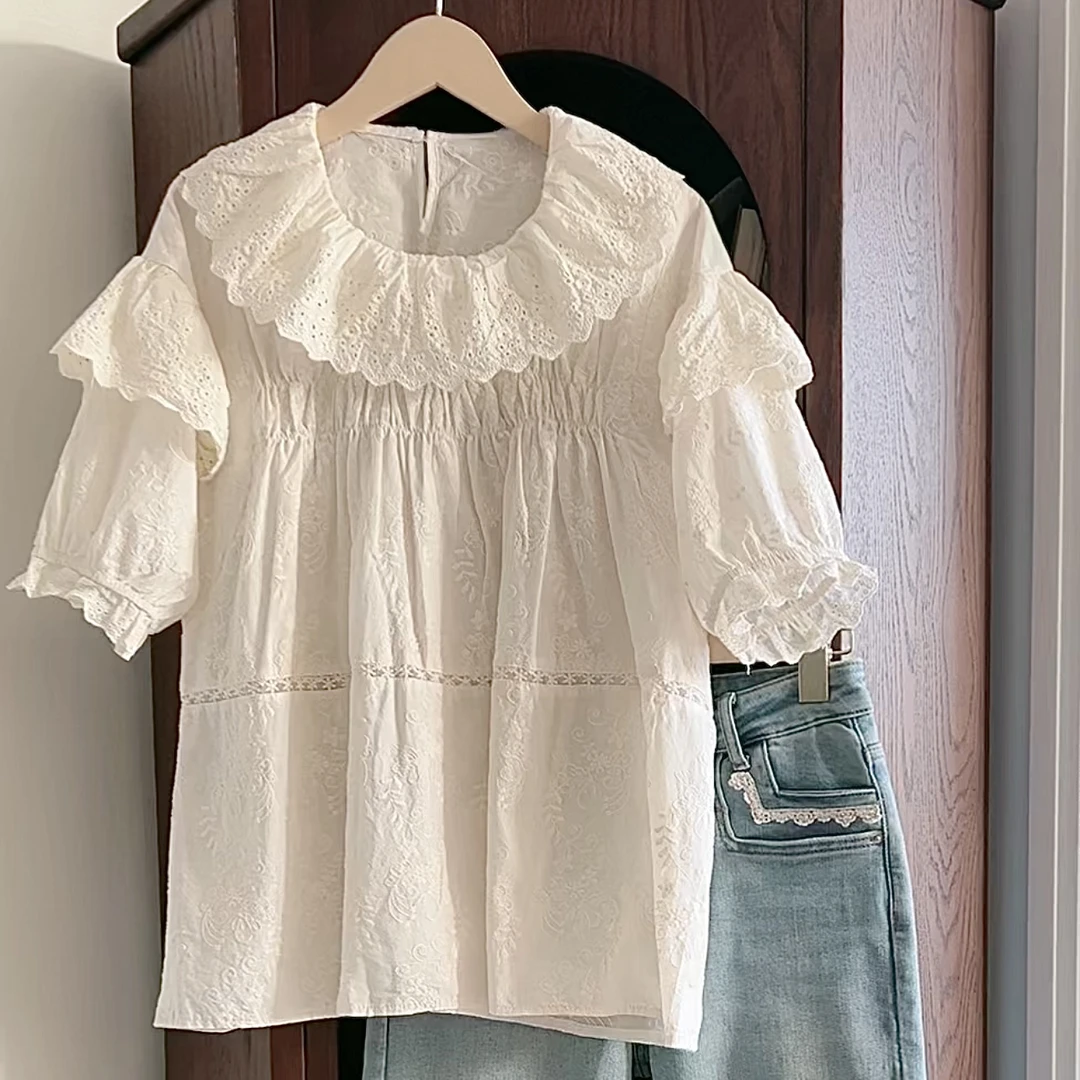 木木家 荷叶领满绣娃娃衫512