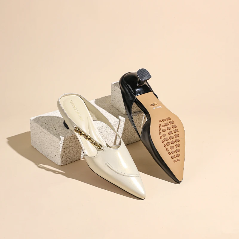 圣琳妃/牛皮/4CM法式复古尖头半托鞋外穿夏季细跟百搭凉拖D20165