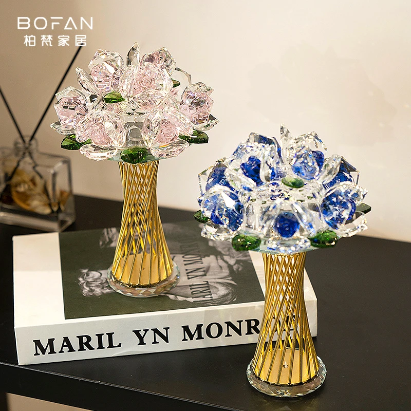 bofan/柏梵高档轻奢水晶玫瑰花摆件礼物订婚酒柜客厅手捧花装饰品