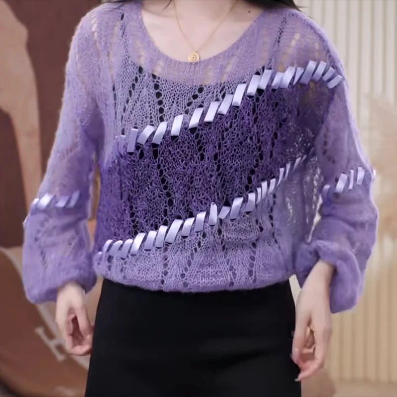 蔷薇 2025春夏上新百搭休闲欧若风针织衫女时尚镂空气质圆领
