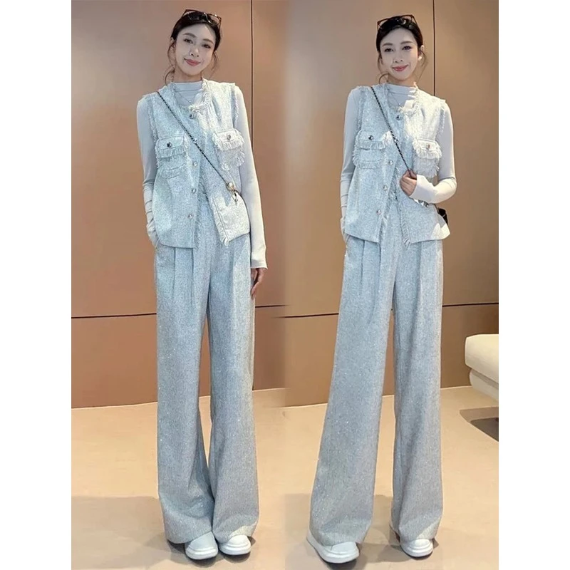 小香风潮流套装女春秋新款时髦显嫩马甲T恤高腰阔腿裤显瘦三件套