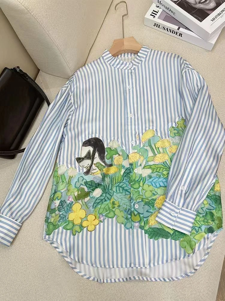 【猫咪嗅草】时尚百搭潮流长袖竖条纹衬衫好看显瘦衬衫J1554