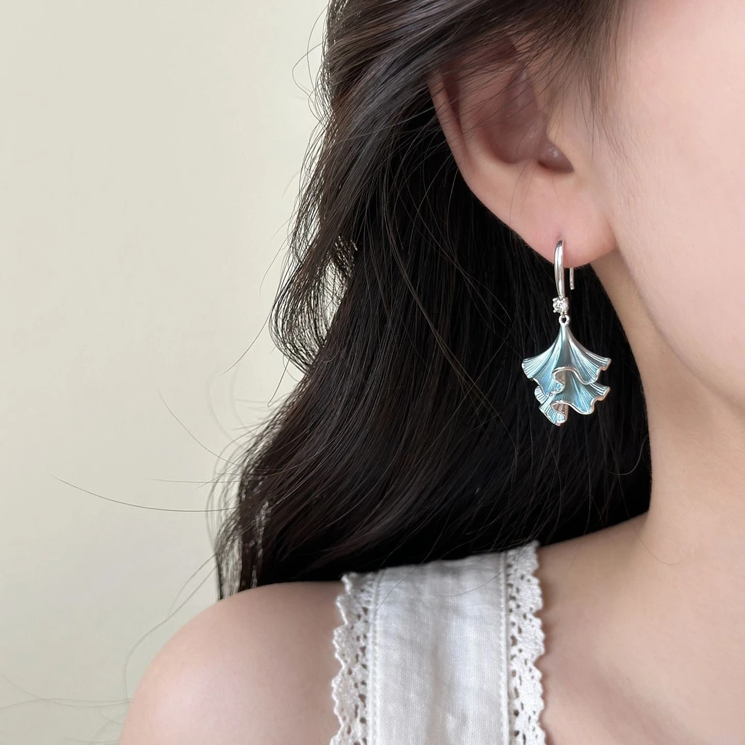 铜合金耳饰 流苏蓝色褶皱花朵吊坠ins耳环女夏天度假风耳饰方圆脸