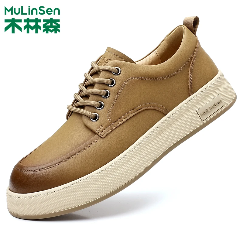 木林森男鞋2025新款夏季复古休闲板鞋男士软面皮鞋百搭潮鞋厚底鞋