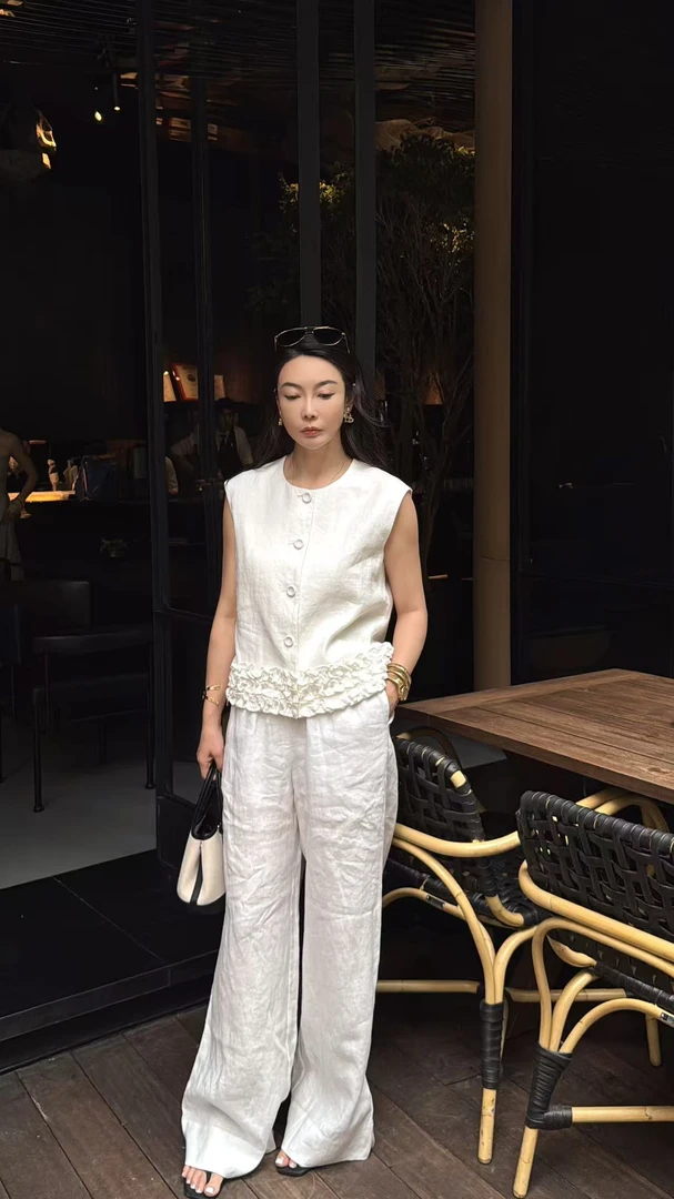POGU-R 新品经典亚麻套装宽松老钱风背心马甲休闲裤TZ-442