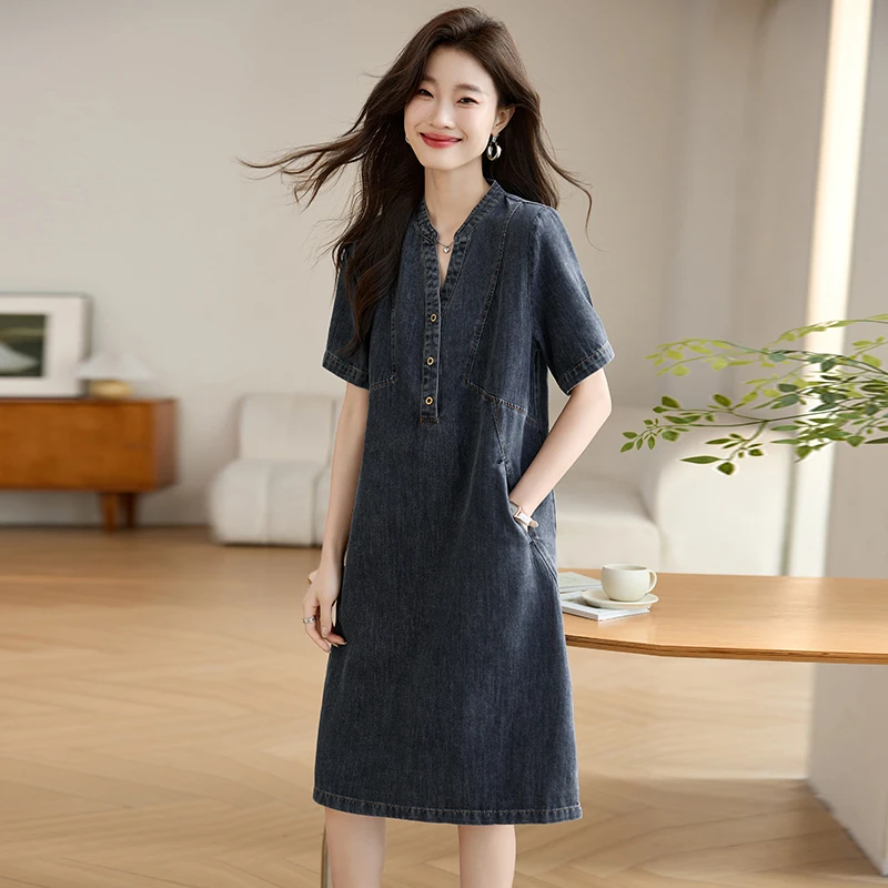 薄款牛仔连衣裙女夏季2025新款大码宽松休闲遮肚显瘦气质妈妈裙子