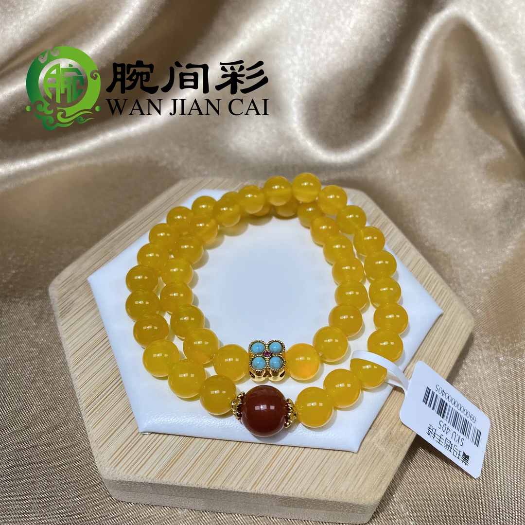 天然黄玛瑙双圈手串8mm搭配南红顶珠四叶草手链405