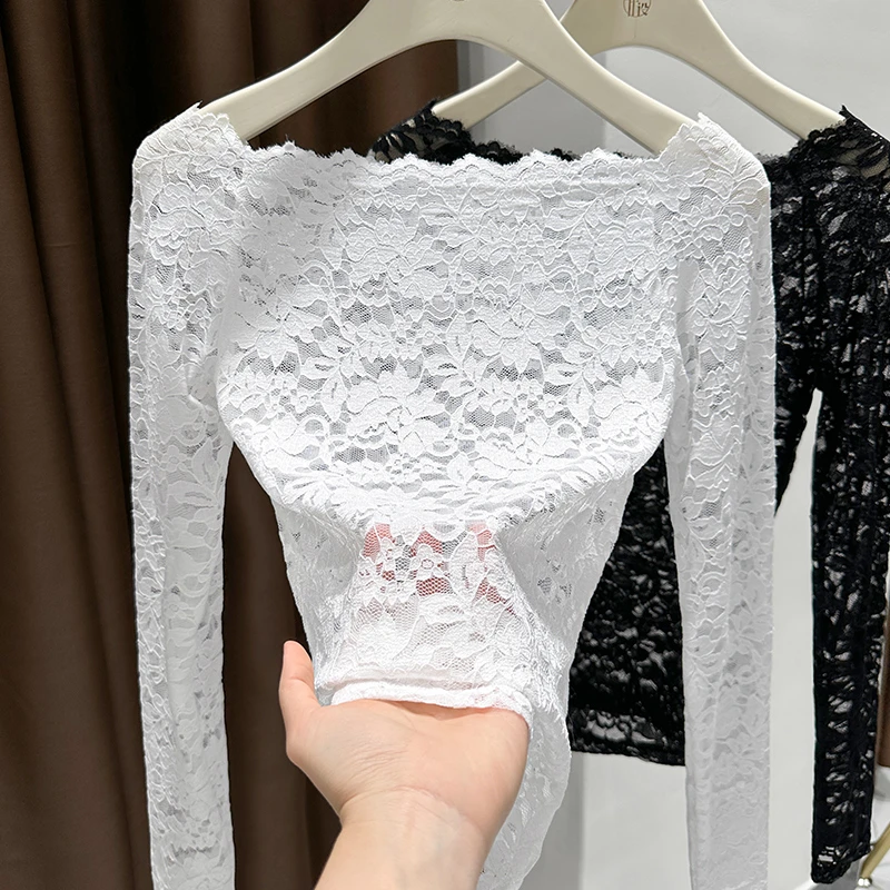 白色气质一字领长袖蕾丝衫女春秋季薄款软糯亲肤镂空网纱打底衫女