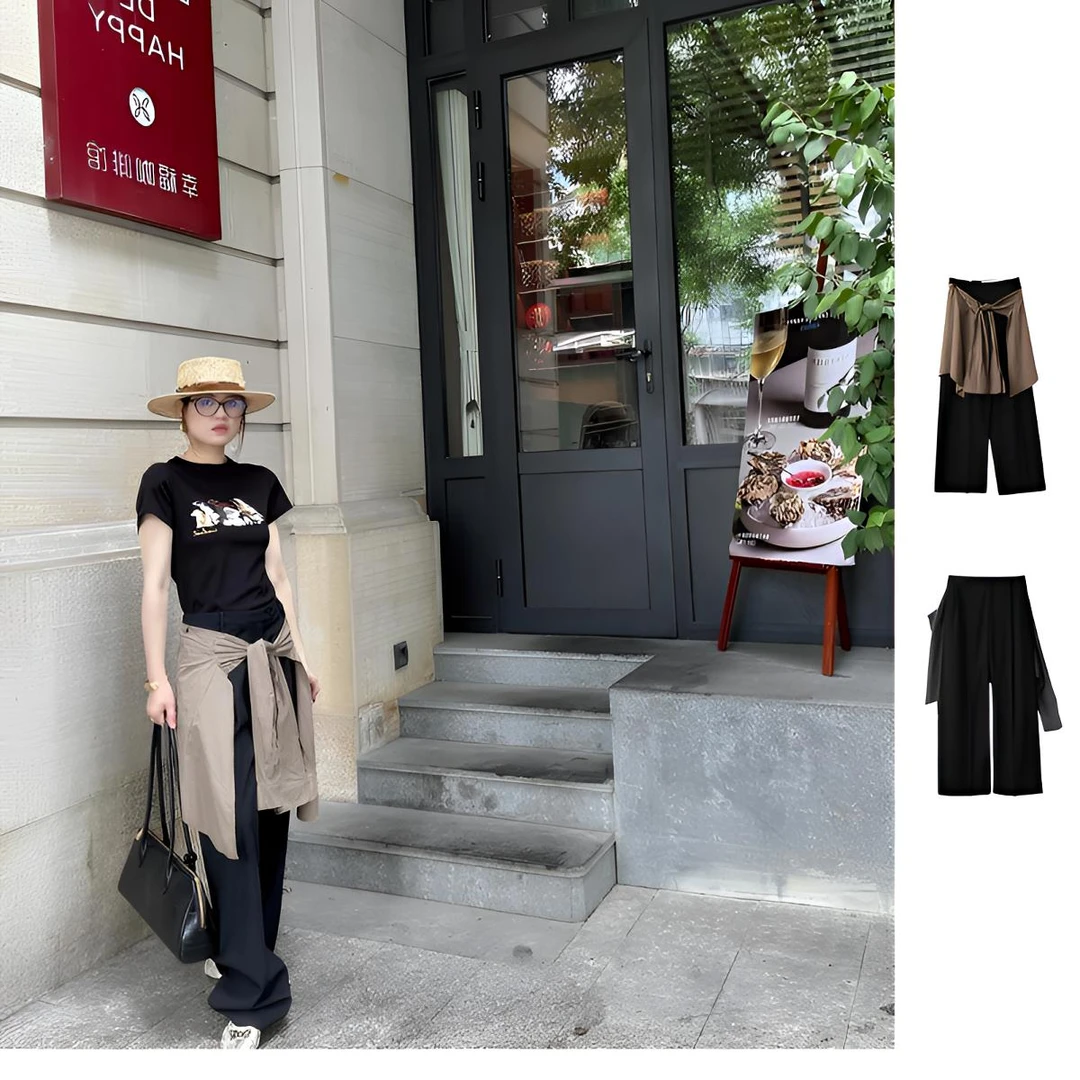 ICE  25早秋新品显瘦阔腿裤女装自带屁帘休闲裤百搭时尚