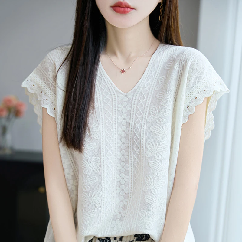 V领蕾丝钩花镂空莱赛尔女飞飞袖夏季薄款韩系宽松上衣打底衫