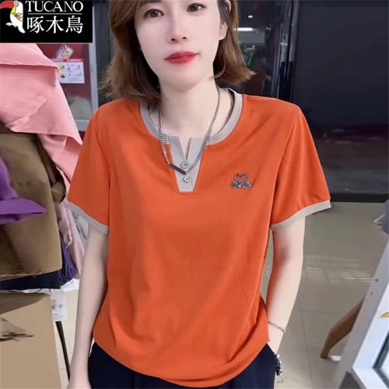 啄木鸟2025年夏季短袖打底小衫时尚T恤新款女士洋气显瘦减龄上衣