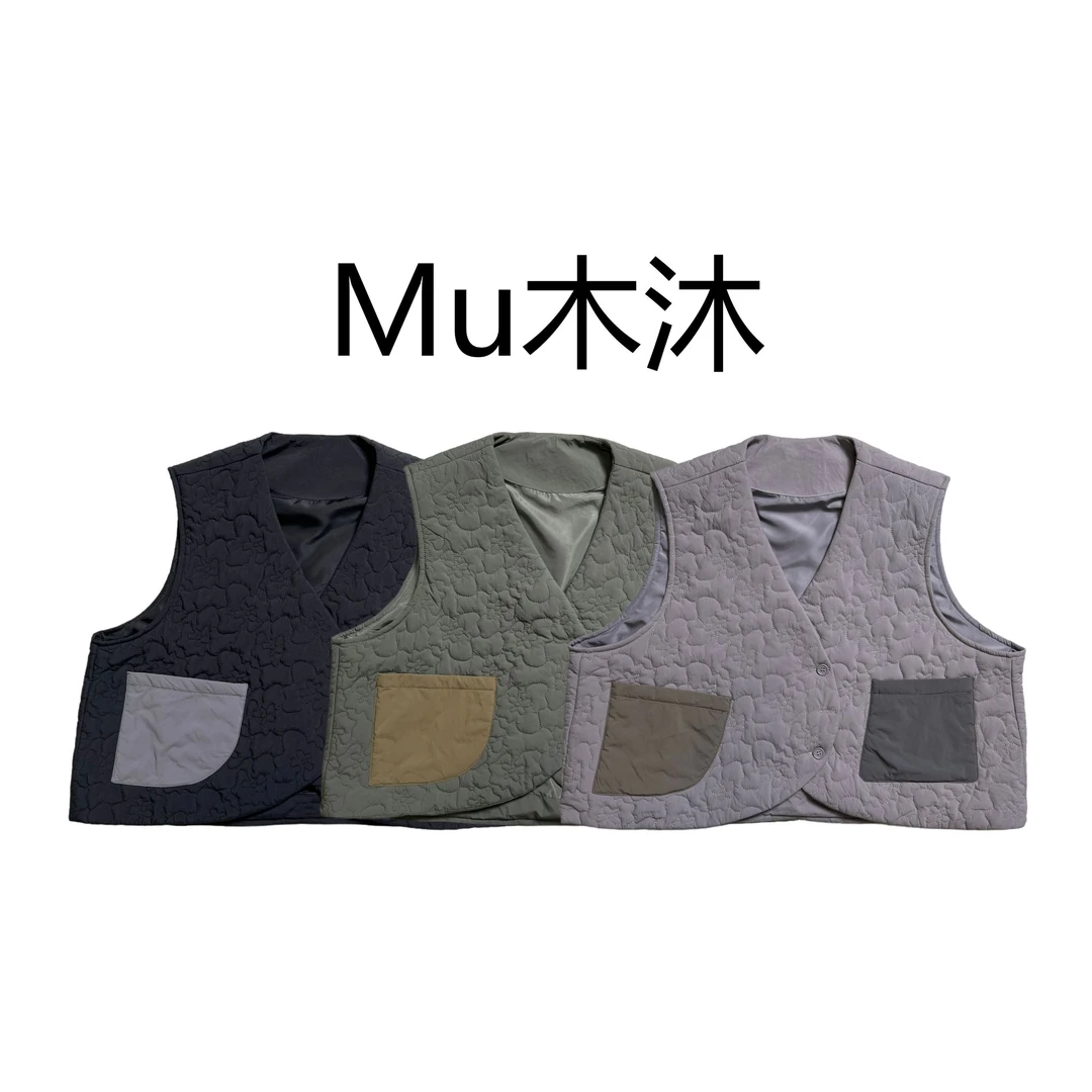 Mu木沐♠新品V领斜弯扣撞色口袋薄棉马甲