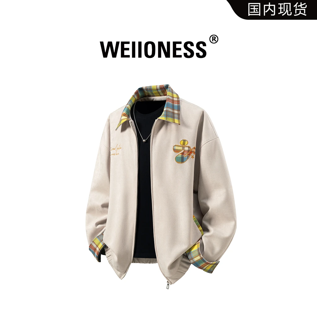 WEIIONESS麂皮绒格子翻领夹克男款春秋季刺绣宽松百搭设计感外套
