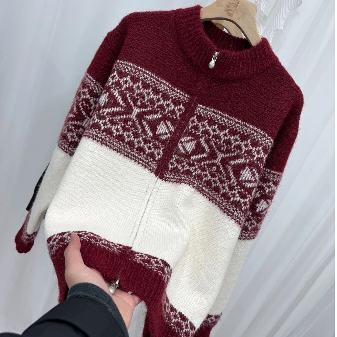 【红白撞色拉链开衫】加厚600克北极绒针织衫毛衣