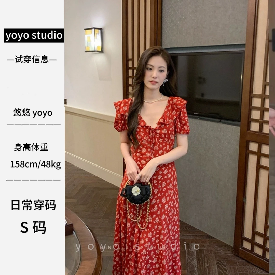 韩系温柔蝴蝶结系带长裙泡泡袖收腰显瘦气质大摆波点连衣裙