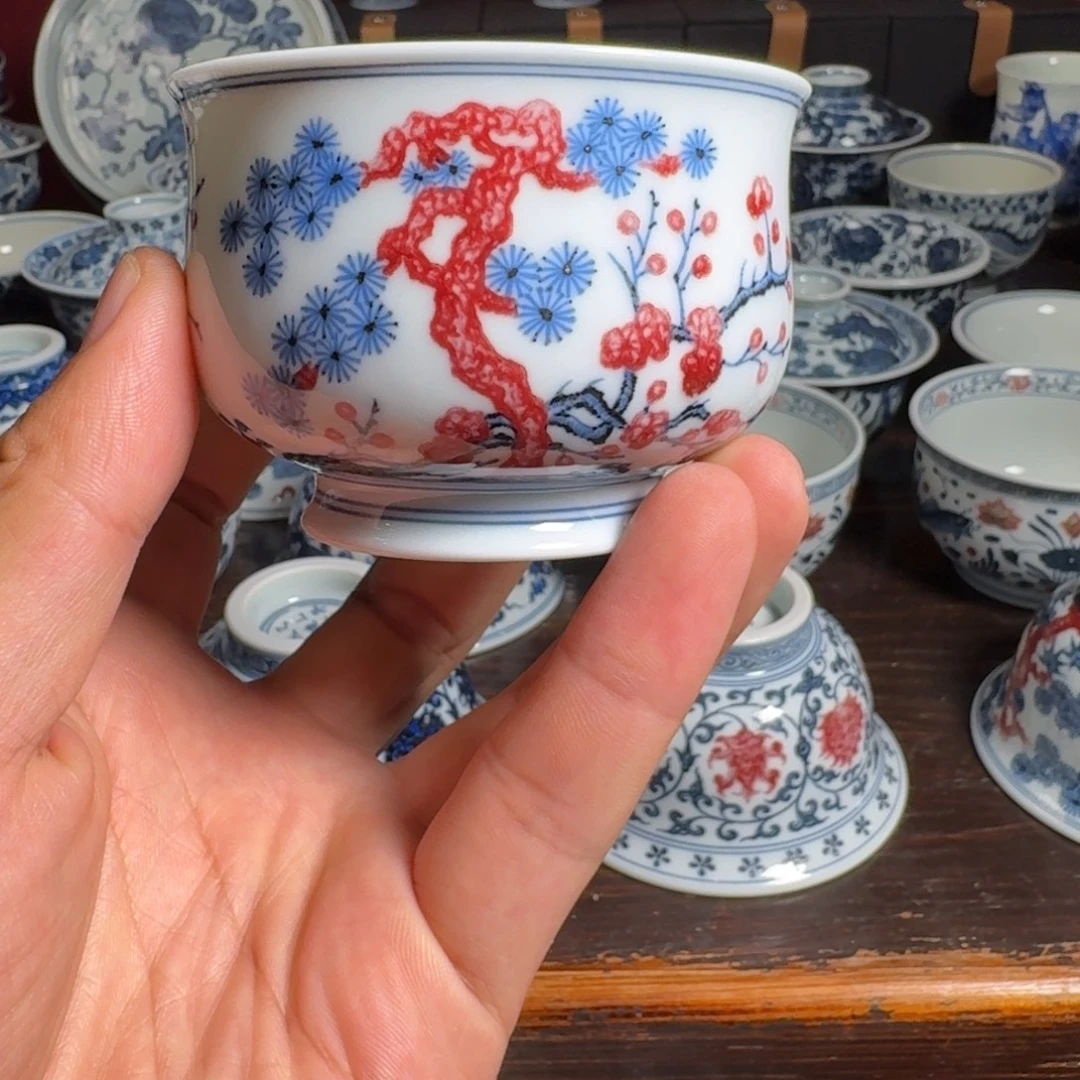 摆件柴窑青花釉里红炉式杯