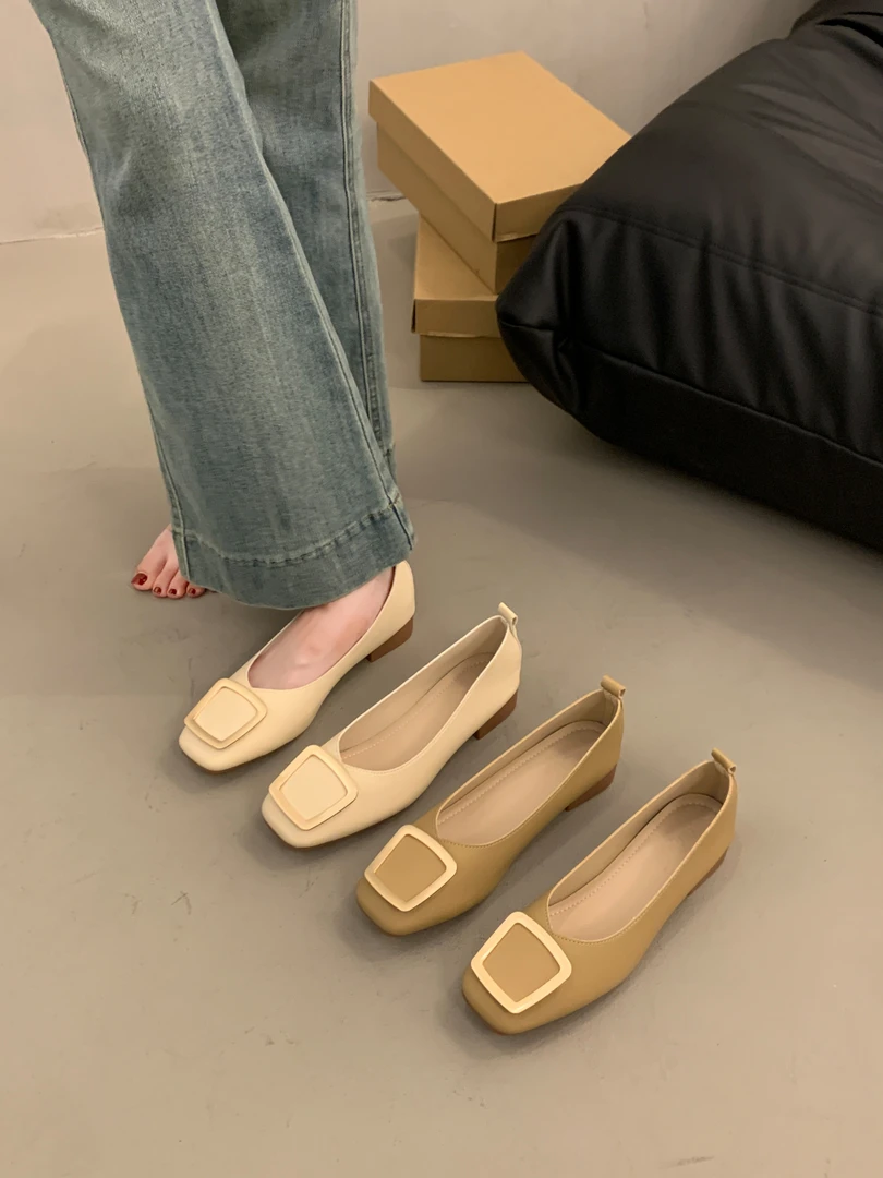 秋季软底春秋豆豆鞋浅口平底方头奶奶鞋搭扣单鞋百搭平底鞋胶粘