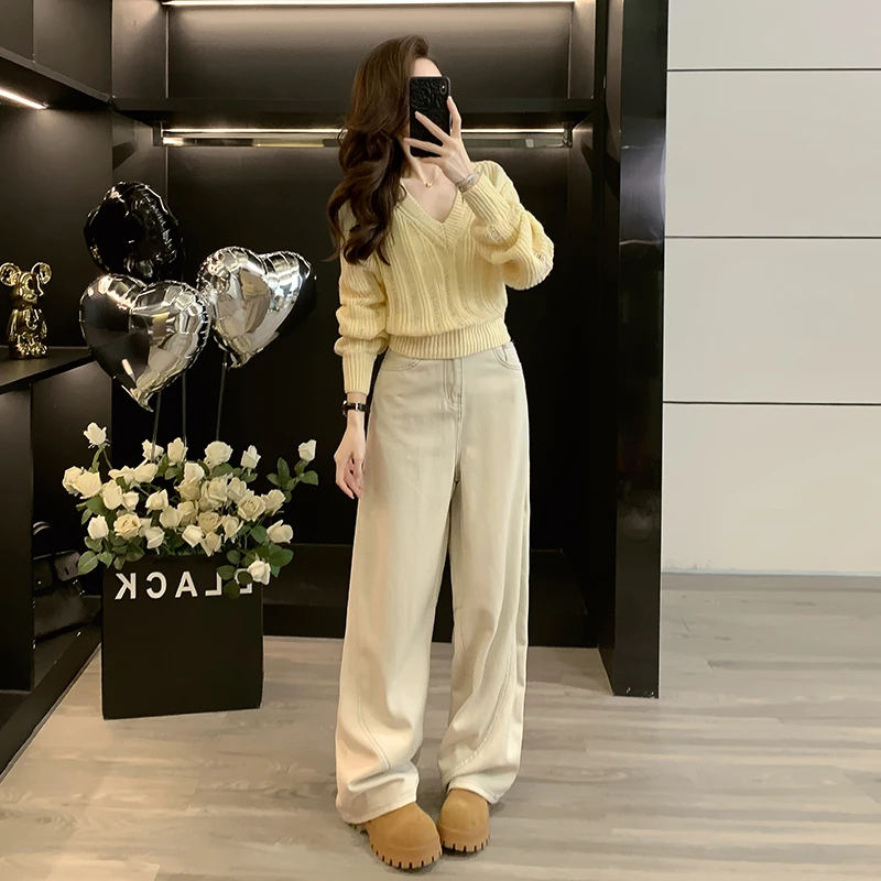 v领套头针织衫女秋冬加厚毛衣收腰短款上衣窄版牛仔裤休闲阔腿裤