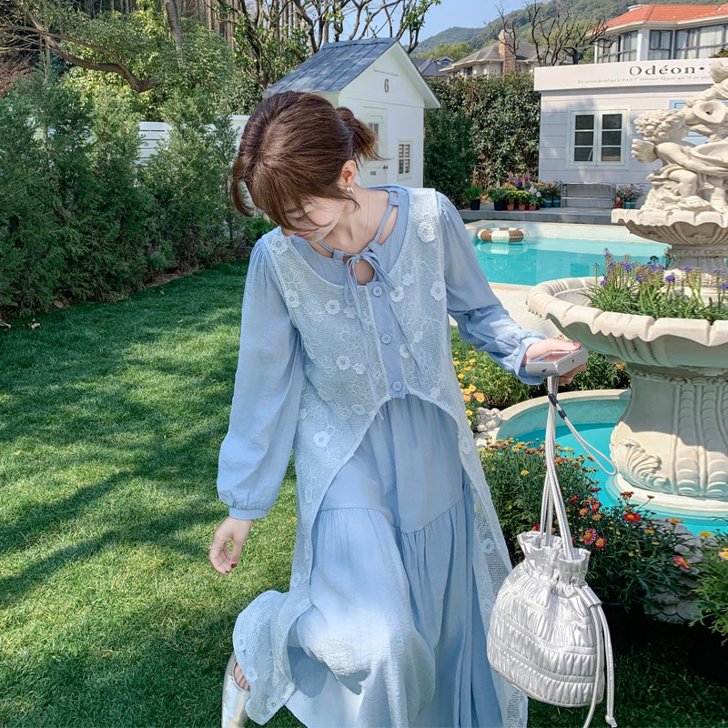 针织钩花罩衫马甲连衣裙2025春秋新款氛围感甜美风韩系ins风套装