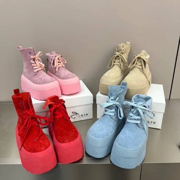 广州欧货【甜丝丝】春季真皮8cm厚底洋气丑萌时尚厚底彩色马丁靴