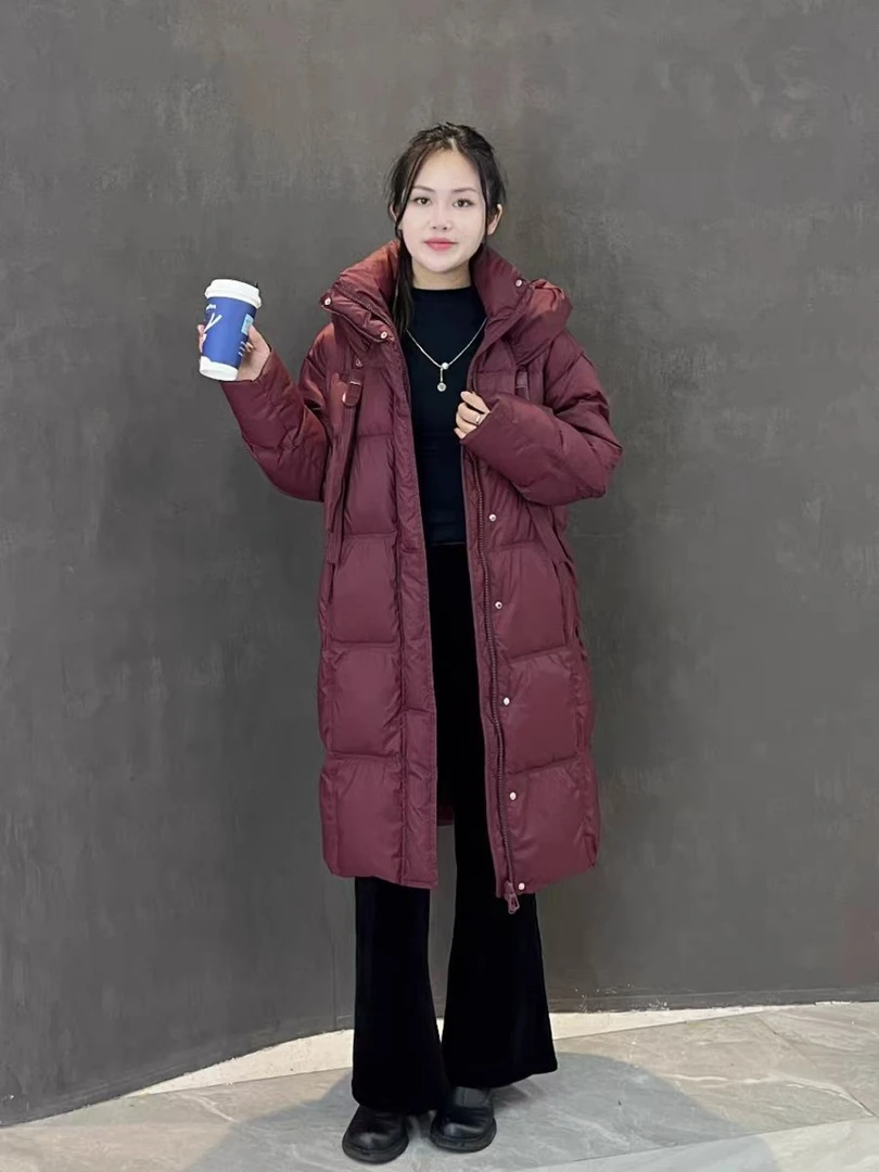 （直播间同款）长款飘带连帽女羽绒服加厚修身